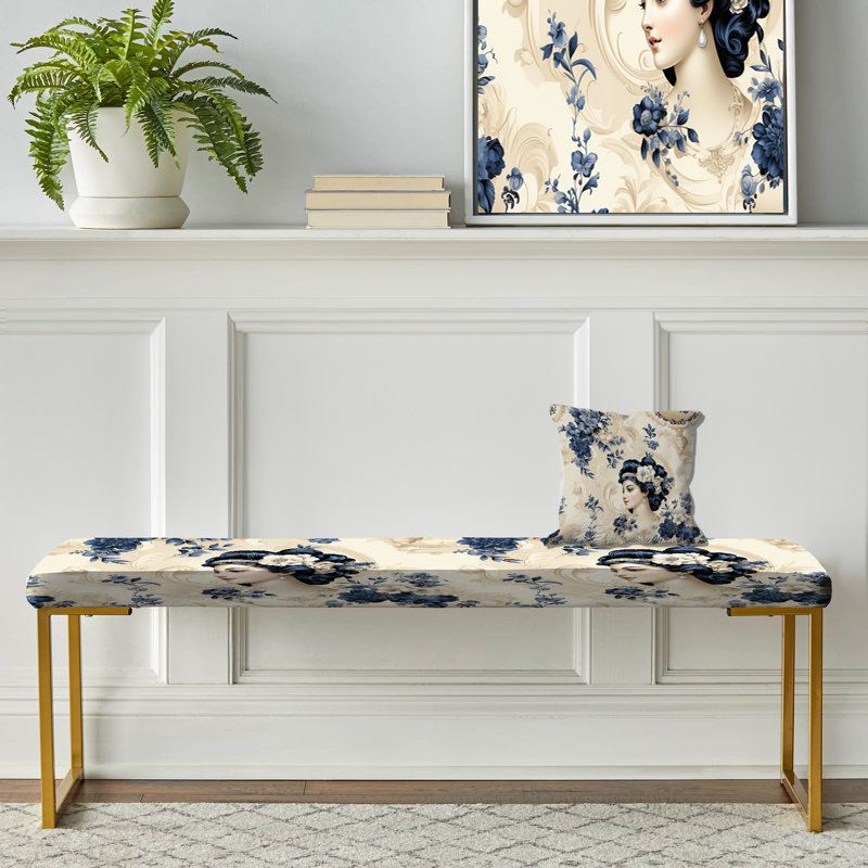 Blue Beige Victorian Cameo Portraits - Floral Upholstered Gold Bench