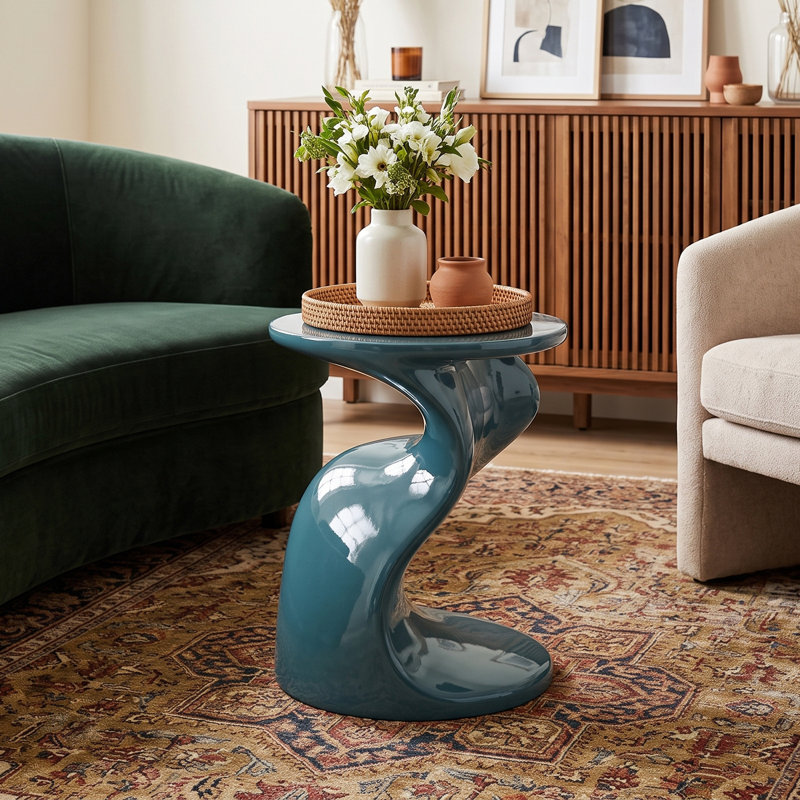 Table d'appoint laquée brillante avec piètement incurvé, table de chevet moderne avec grand plateau, table d'appoint avec base antidérapante, bleue
