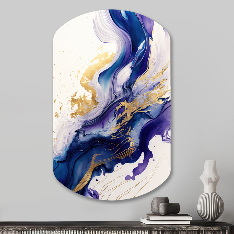«Blue and Gold Splash Paint IV - Abstract Spirals Cylinder», art mural en métal pour le salon, impression asymétrique bleue sur métal