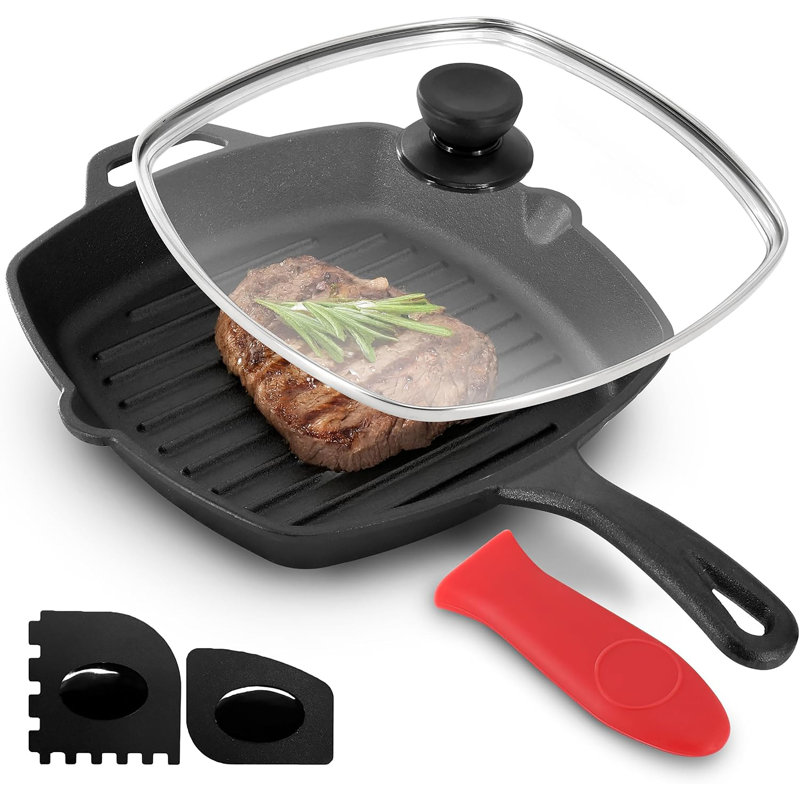 Plaque de cuisson en fonte pré-assaisonnée avec couvercle en verre trempé, plaque de cuisson carrée de 10,4 pouces pour la cuisson à l'intérieur, poêle à cuisson uniforme pour le steak, le poulet et les hamburgers