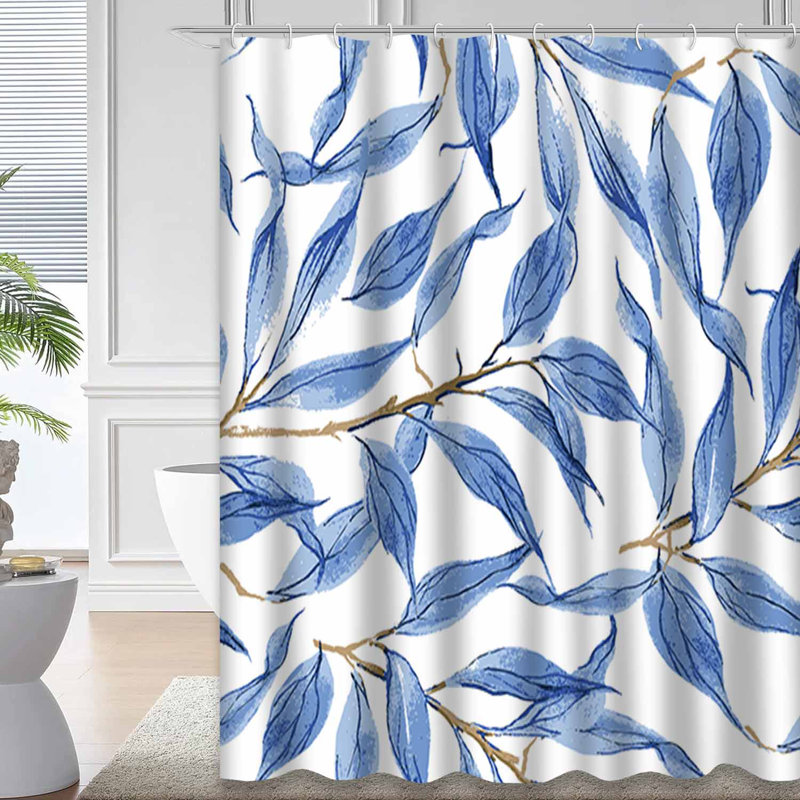 Rideau de douche aquarelle à motif de feuilles bleues et 12 crochets, L 72 po x l 78 po