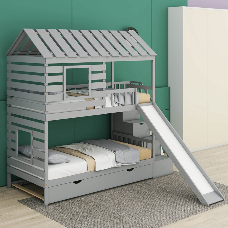  Anahira Twin Over Twin House Bunk Bed With Trundle And Slide, Storage Staircase, Roof And Window Design, Gray