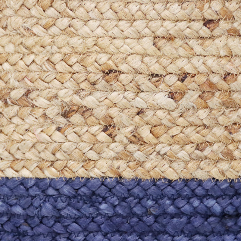 Handmade Round Tan and Sapphire Blue Jute Storage Basket with Loop Handles