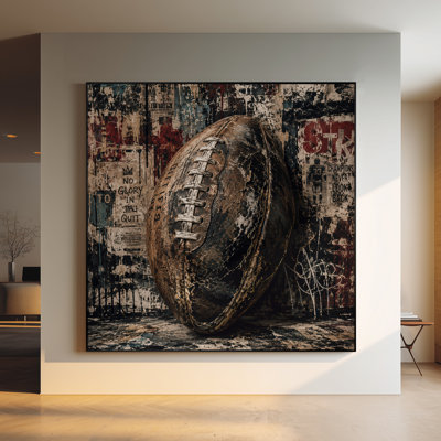 Très grande reproduction d'art sur toile - Gros plan sur le football américain grunge rétro avec fond de mur patiné pour le salon ou la chambre à coucher - «Assemblage requis du cadre (cadre non fini)»