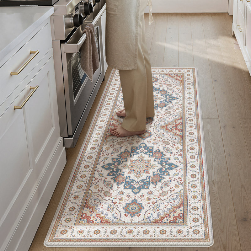 Tapis de cuisine anti-fatigue, Tapis de couloir 2 pi x 4 pi 11 po, Blanc laiteux / bleu