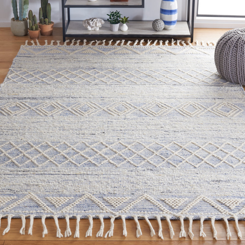 Antwoin Hand Woven Wool/Cotton Geometric Rug in Blue/Ivory, Rectangle 6' x 9'