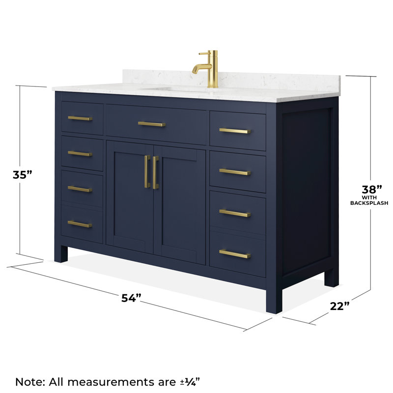 Beckett 54" Freestanding Single Bathroom Vanity with Cultured Marble Top, Dark Blue, Brushed Gold, Carrara Cultured Marble