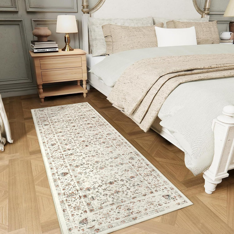 2x6 Floral Kitchen Rug – Washable, Non-Slip, Low Pile, Distressed Print Runner for Hallway, Bathroom, Laundry (Beige)