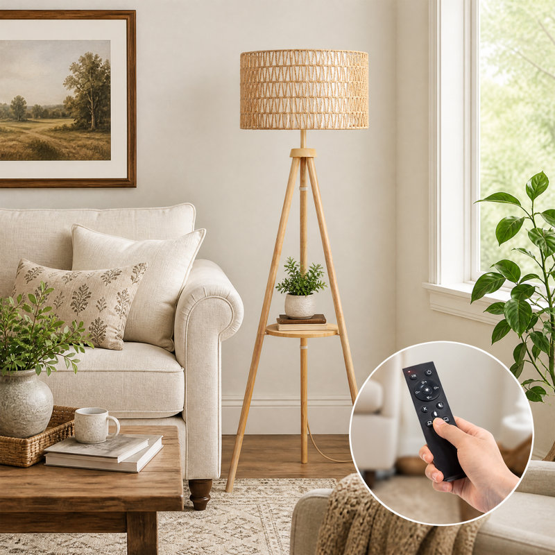 Jodanna 63" Dimmable Tripod Floor Lamp with Remote, Included LED Bulb, Wood