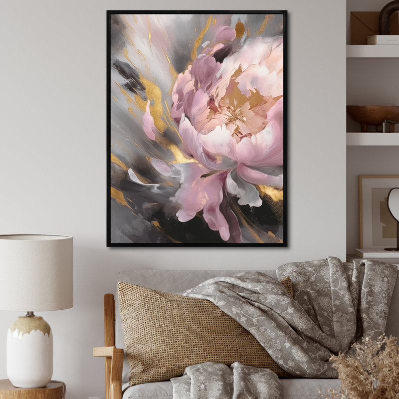 Reproduction d'art sur toile pivoine enchantée rose et or I, H 32 po x l 16 po, Cadre flottant noir
