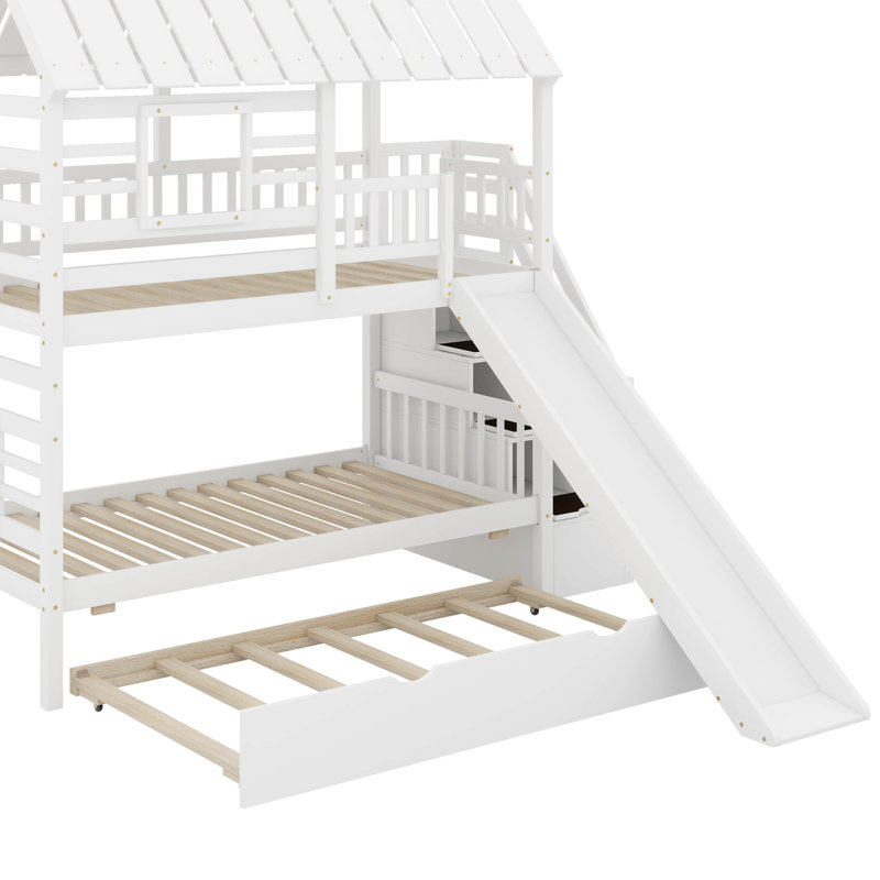 Twin Over Twin Bunk Bed With Trundle And Slide, White