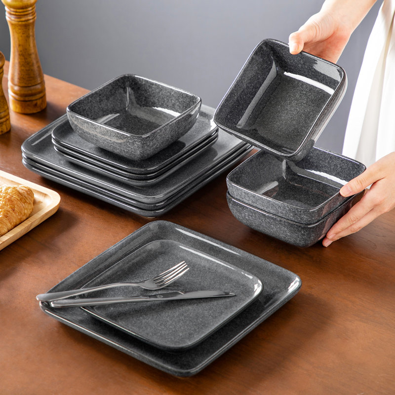 12 Piece Stoneware Dinnerware, Ceramic Tableware Set Including Dinner Plates, Desserts Plate And Bowls, Service For  4 People, Square Plate And Bowl