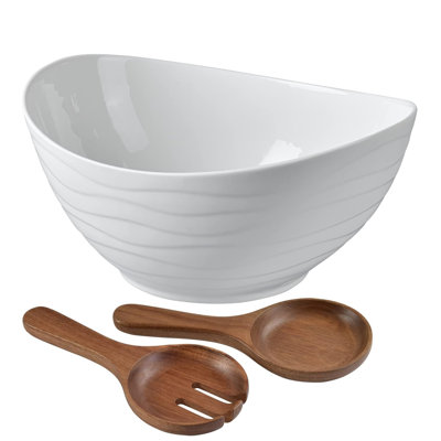 Large Elegant Ceramic Oval Salad Bowl Set with Serving Utensils