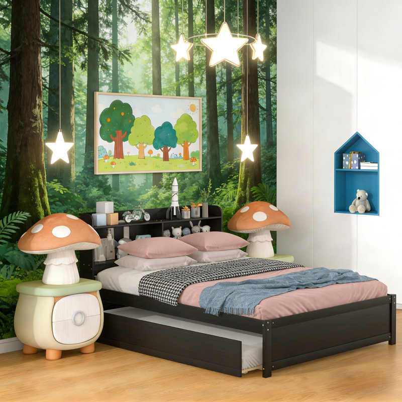 Full Size Solid Wood Standard Kids Bed With Bookcase Headboard & Twin Size Trundle, Espresso