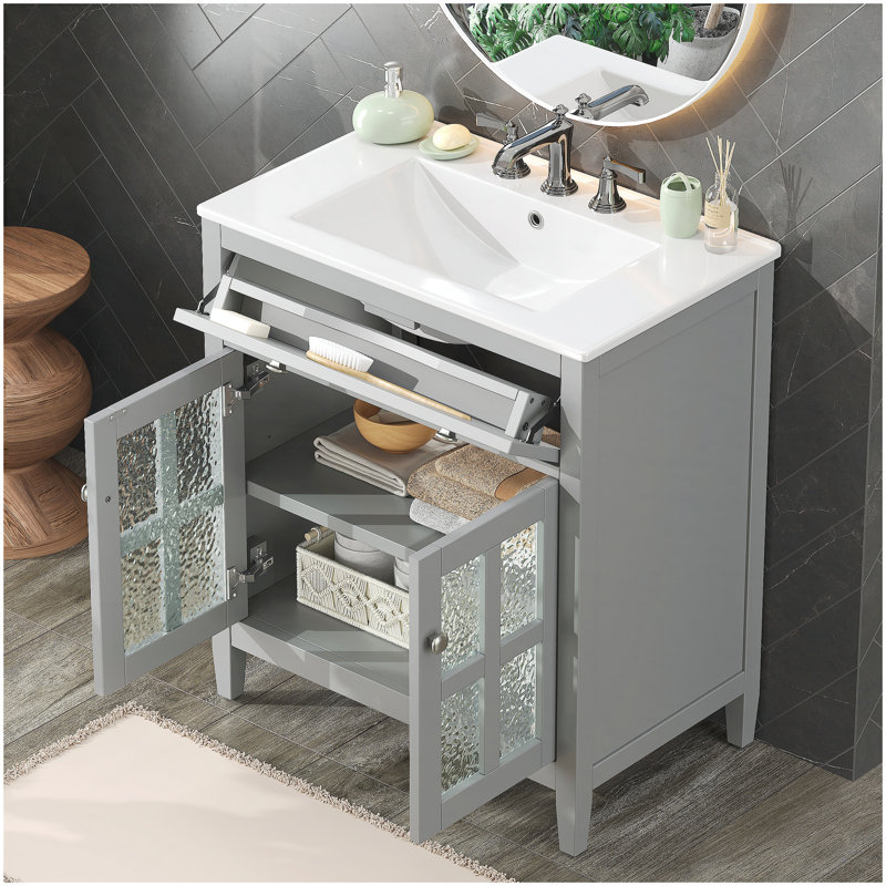 Meuble-lavabo gris de 30 po avec lavabo en céramique, tablette réglable, plateau basculant et charnières à fermeture en douceur pour les salles de bain modernes