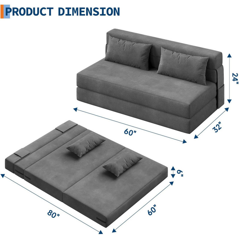 Canapé-lit et chaise-lit pliant Boneless 4-en-1, causeuse convertible avec coussin, sol gris foncé