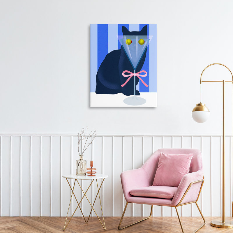 Drôle de chat Martini sur toile rayée, design par Lil 'Rue, H 20 po x l 16 po