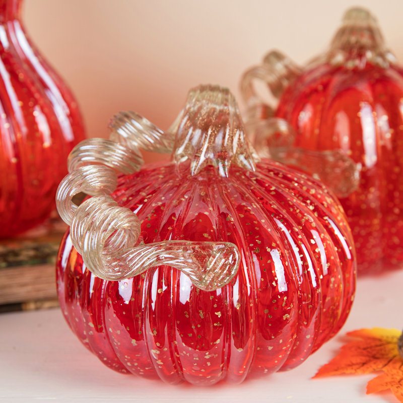 6"D Fall Red Glass Pumpkin With Glitter