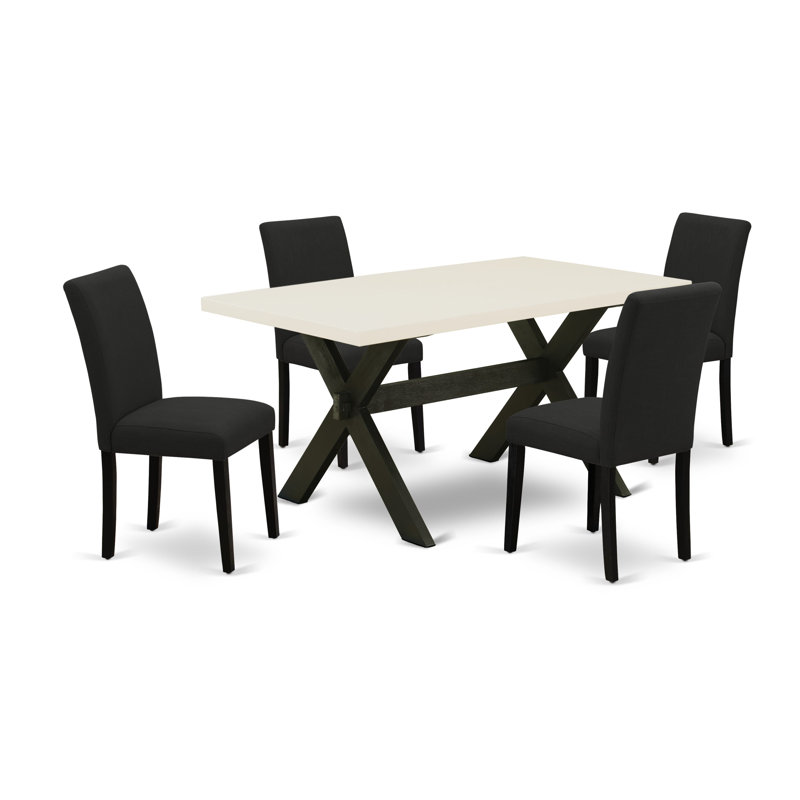 5 Piece Kitchen Table Set for 4 Includes a Rectangle Dining Room Table with X-Legs and 4 Black Color Linen Fabric Upholstered Chairs, Wire Brushed Black Finish