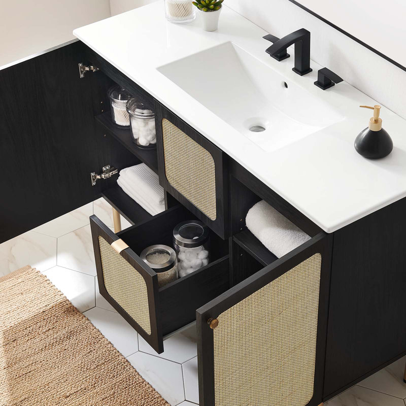 Modway Chaucer 48'' Single Bathroom Vanity with Wood Top, Black/Gold, White