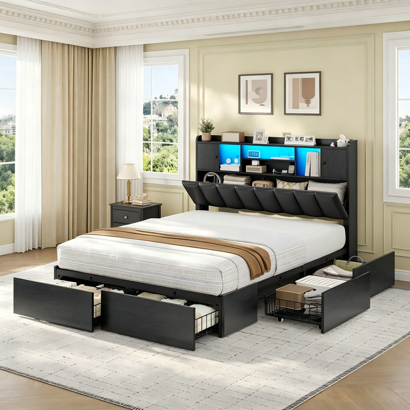 Upholstered Storage Bed Frame with LED Lights and Charging Station, Platform Bed with Hidden Headboard Storage and Drawers