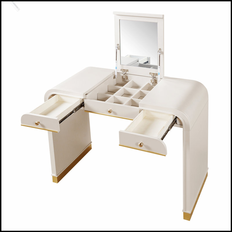 Meuble-lavabo classique en bois avec miroir rabattable, coiffeuse 3 en 1 avec 2 tiroirs et rangement pour la chambre à coucher