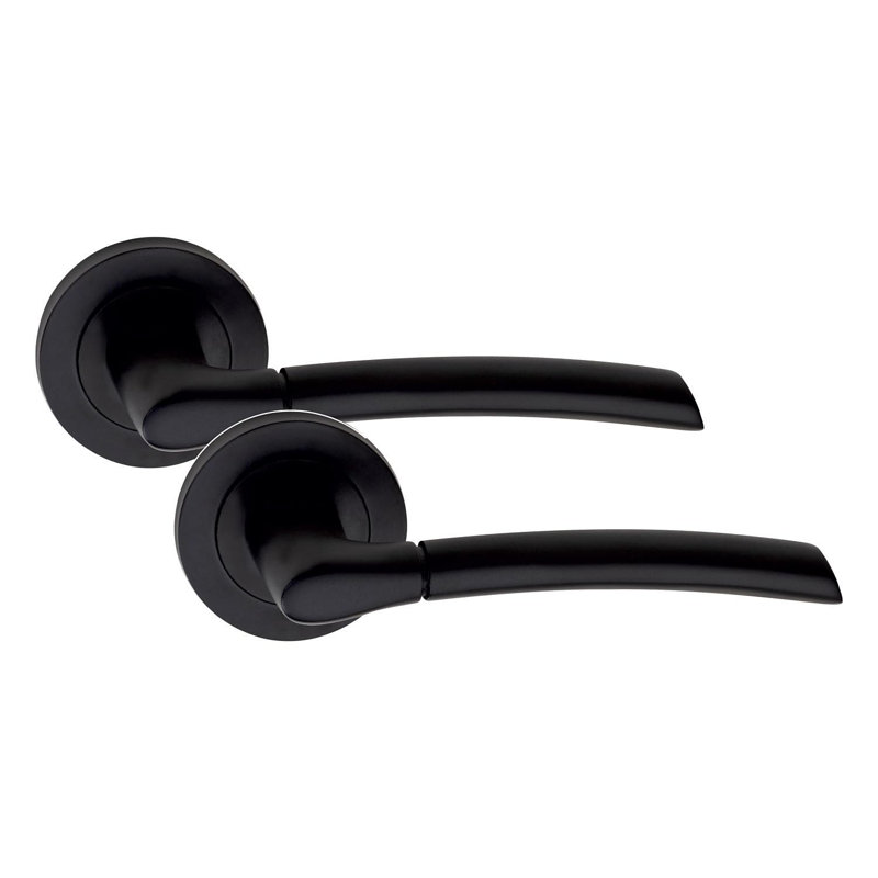  6 Pairs Indiana Design Door Handles on Round Rose in Matt Black Finish with 2.5" Tubular Latch - 52mm Diameter