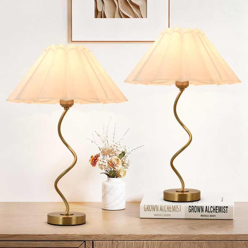 22" Dimmable Modern Bedside Lamp With Trendy Swirled Metal Base And Elegant Linen Shade