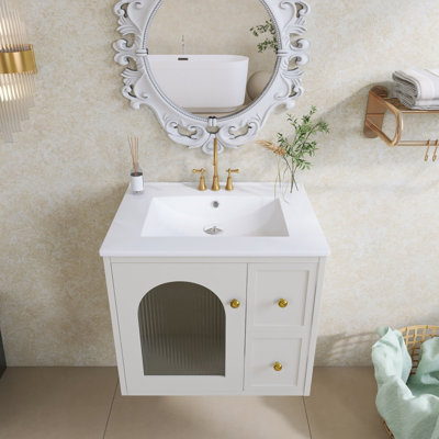 24" Wall Mounted Bathroom Vanity With Ceramic Sink, 2 Drawers And 1 Door