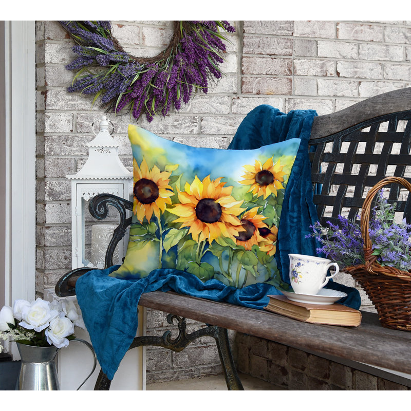 Coussin décoratif tournesols en aquarelle, H 18 po x l 18 po