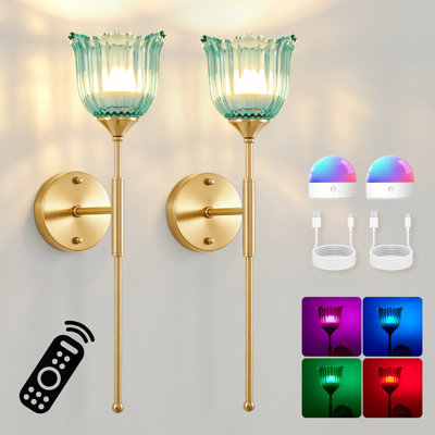 Ensemble de 2 appliques murales sans fil à piles avec ampoules DEL rechargeables et télécommande, lumières à intensité variable RVB avec abat-jour en verre tulipe