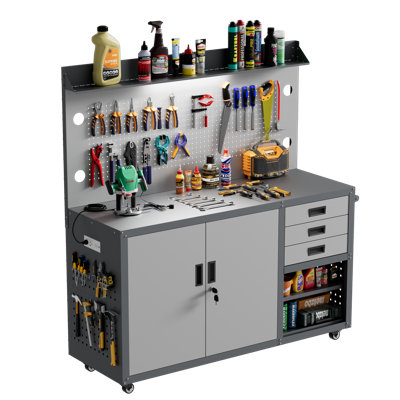 Établi roulant de 55 po avec rangement et panneau perforé, table de garage en acier avec armoires verrouillables, tiroirs, prise de courant, tapis antidérapant et éclairage à DEL, banc de soudage sur banc de travail pour atelier et réparation de garage