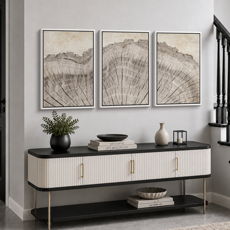 Anneau d'arbre «Œuvre de souche en bois de chêne rustique, décor de cabane de ferme, photos murales neutres, 3 pièces encadrées sur toile, impression numérique sur giclée»