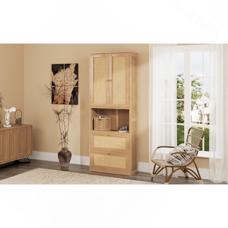 Bibliothèque 2 portes avec port USB et 3 tiroirs avec tablettes latérales, naturel, Naturel