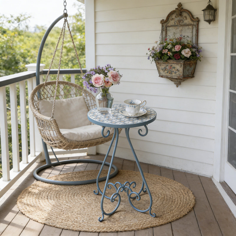 Ceramic Top End Table Patio Side Table,Vintage Metal Plant Stand, Round Accent Table for Porch,Patio, Balcony, Living Room Decor