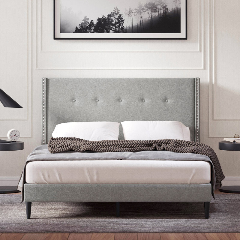 Burchfield Upholstered Wingback Bed, Stone, Queen
