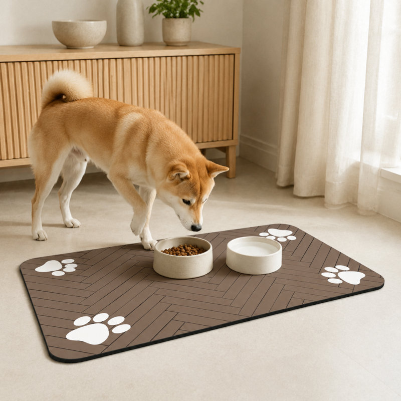 Tapis d'alimentation absorbant et antidérapant en terre de diatomées avec motif empreintes de pattes, 15,8 po x 23,6 po, Brun