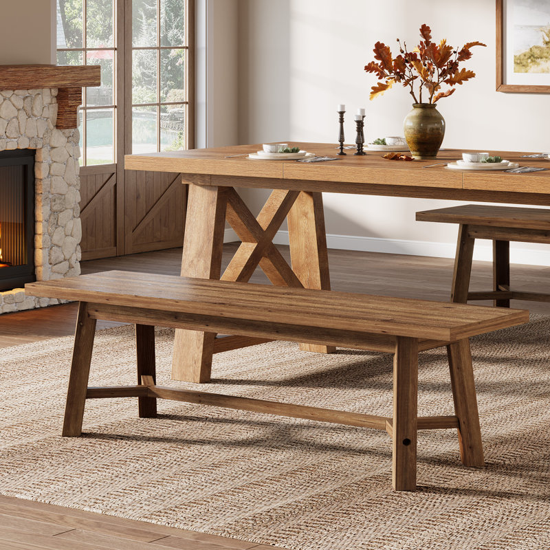 55.12-inch Solid Wood Dining Bench, Farmhouse Long Kitchen Bench With Strengthened Legs For Dining Room, Kitchen, Restaurant, Natural Brown