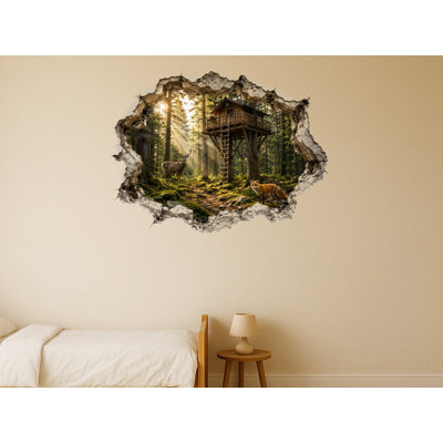 Magic Forest 3D Wall Sticker, Peel and Stick Woodland Treehouse Wall Decal with Deer and Fox for Kids Room Nursery Playroom Decor, 24"W x 16"H (61 x 41 cm)
