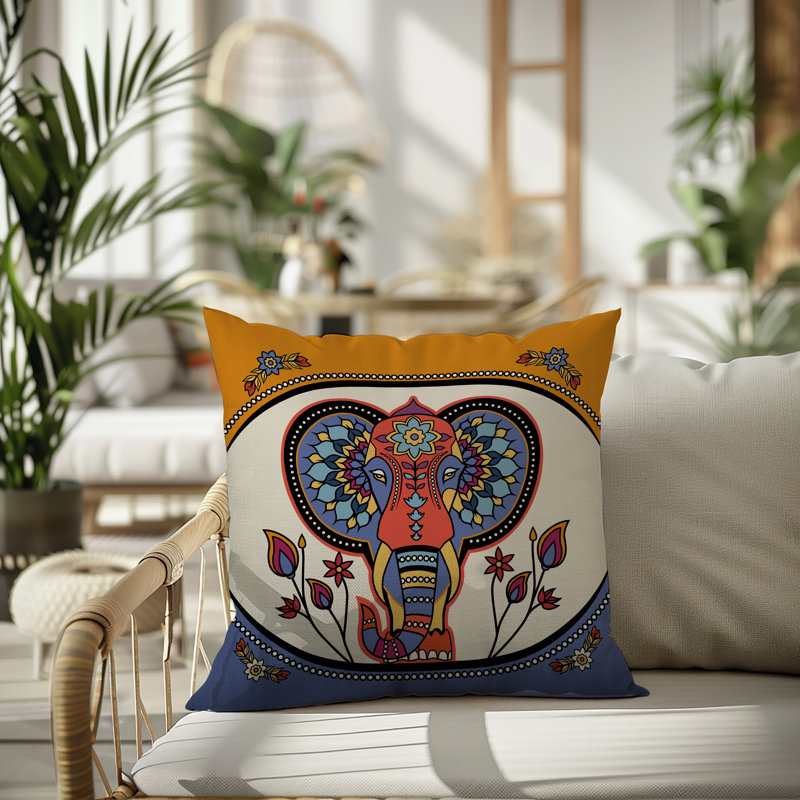 Coussin intérieur / extérieur Indra Elephant, Carré 15 po, Orange / bleu / jaune