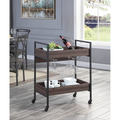 Walnut & Black Finish Serving Cart With 2 Tier Shelves In Rectangular Style And Shelf Composition Cup Holder