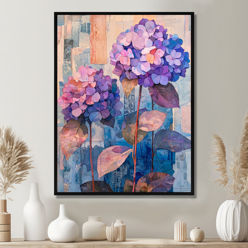 Collage abstrait floral d'hortensia I - art mural hortensia, Noir, Reproduction avec cadre flottant, H 20 po x l 12 po