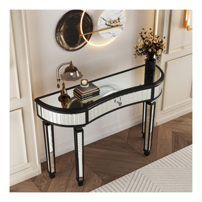 47" Half-Moon Mirrored Console Table With Fluted Glass & Crystal Knob Drawer - Silver Entryway Vanity Desk For Bedroom/Dressing Room(Black+Sliver)