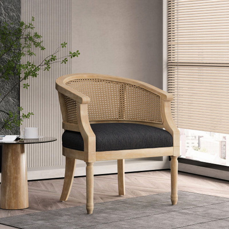 Chaise d'appoint rembourrée gris anthracite avec base et structure en bois de canne élégante, Gris anthracite