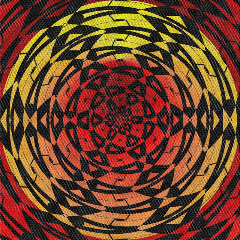 Tapis noir/rouge/jaune à motifs, Carré 5 pi