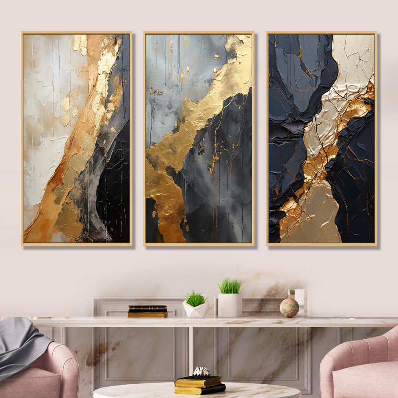 Minimalism Chrome Gold And Black Poteries, H 28 po x l 36 po, Cadre flottant brun