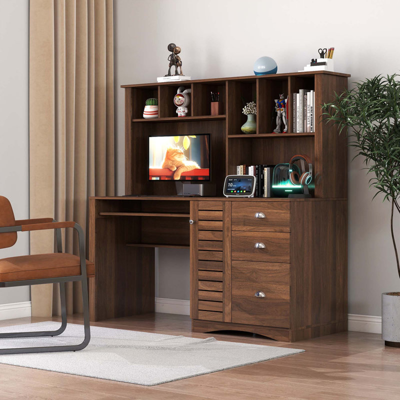 Bureau d'ordinateur à domicile avec 3 grands tiroirs et huche, Noyer