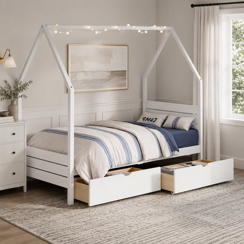 Cadre de lit Montessori pour enfants avec 2 tiroirs de rangement et tête de lit, sommier non nécessaire, Twin, White