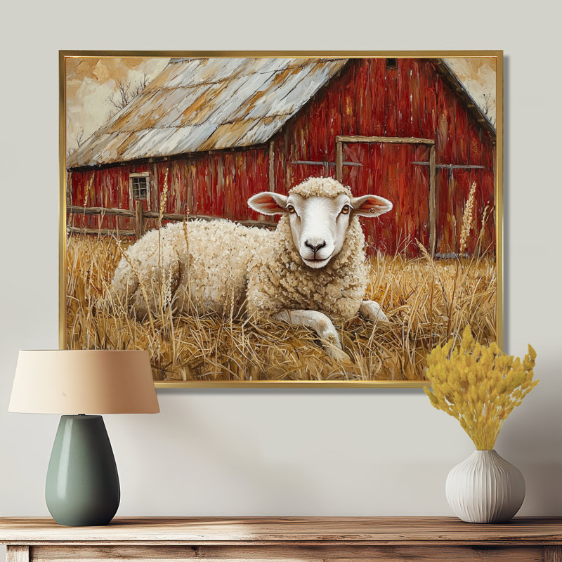 «Sheep By The Old Red Farm - Sheep», reproduction sur toile, H 34 po x l 44 po, Cadre flottant, Doré