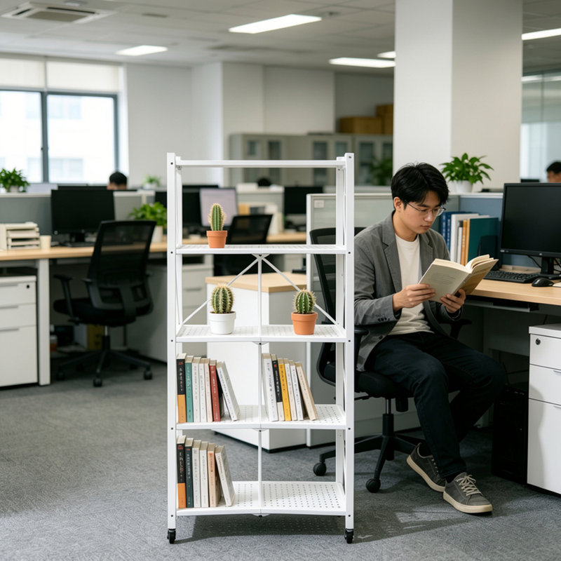 4 Tier Folding Shelf on Wheels (White)